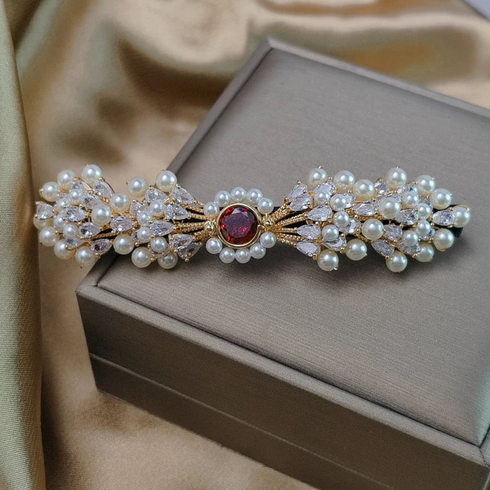 Pearl Hair Barrette Clip with Red Rhinestone - Pearl and Crystal Bridal Hair Clip